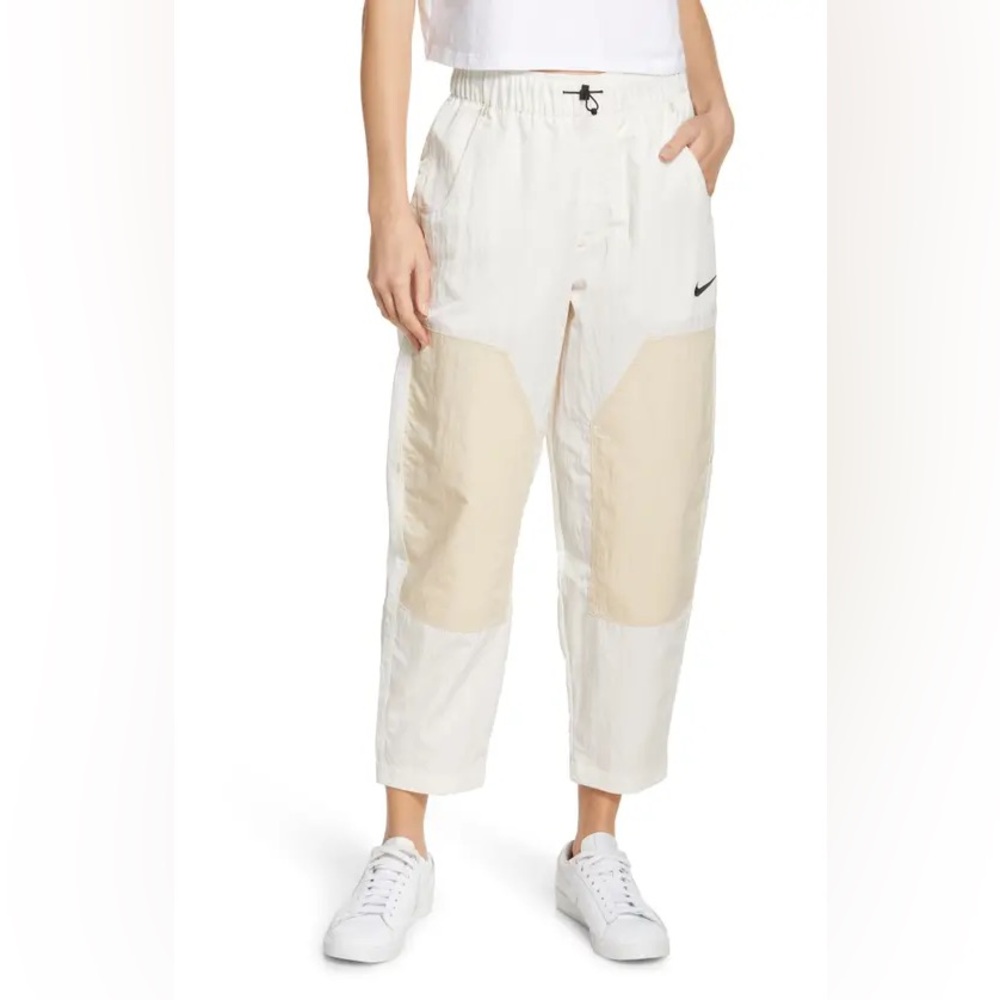 NIKE- Swoosh Woven High Waist Paneled Pants In Cream-white
